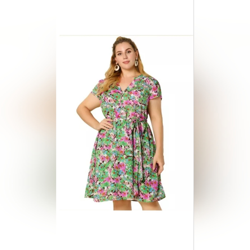 3X Agnes Orinda Women's Plus Size Casual Floral Tie Waist Short Sleeve Knee Leng